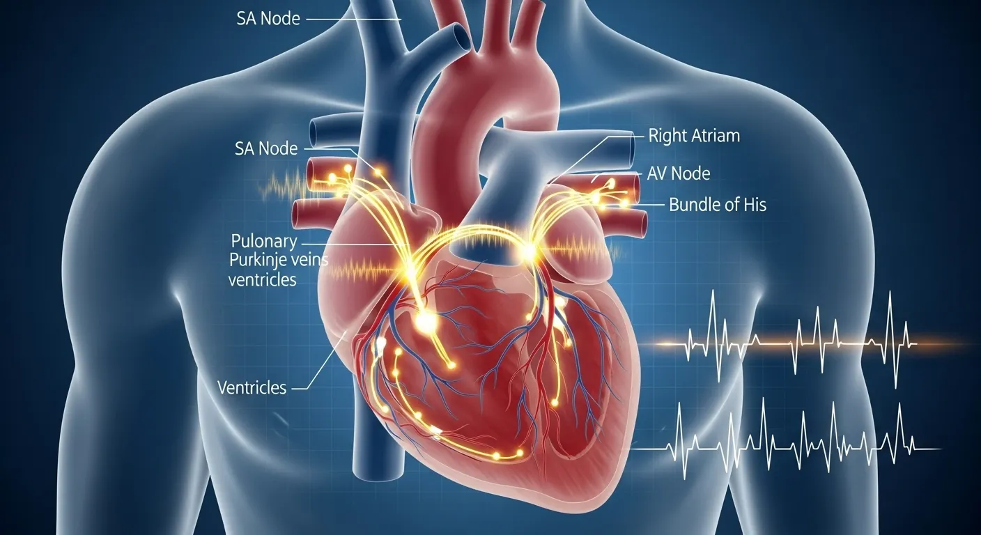 Ilustración médica del corazón humano y la actividad eléctrica cardíaca.