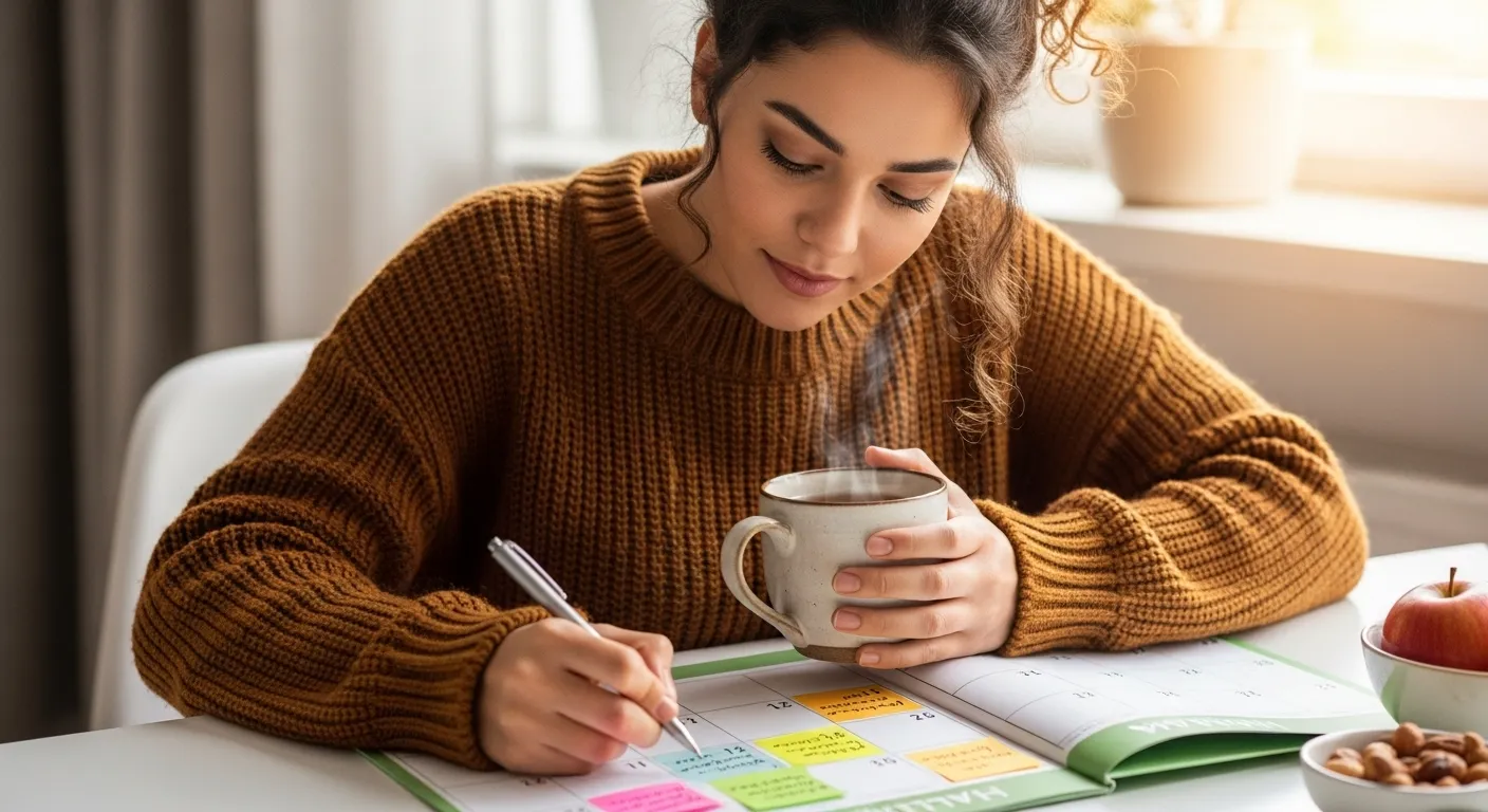 Una mujer joven consultando un calendario de salud mientras sostiene una taza de té
