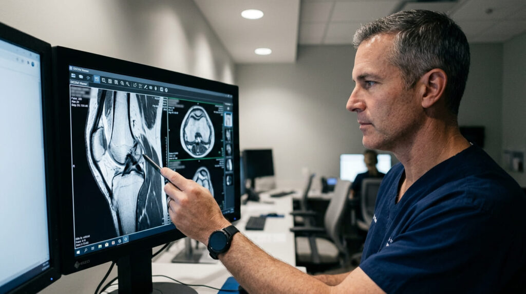 Médico traumatólogo analizando las estructuras de los tejidos blandos en una resonancia magnética de rodilla.