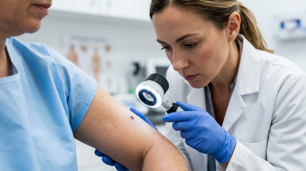 Dermatólogo realizando una revisión de lunares con un dermatoscopio digital durante un examen anual de la piel.