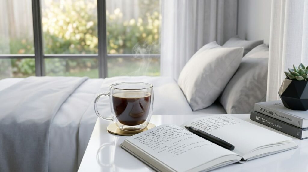 Taza de té humeante y libreta abierta sobre una mesa de noche iluminada por la luz de la ventana.