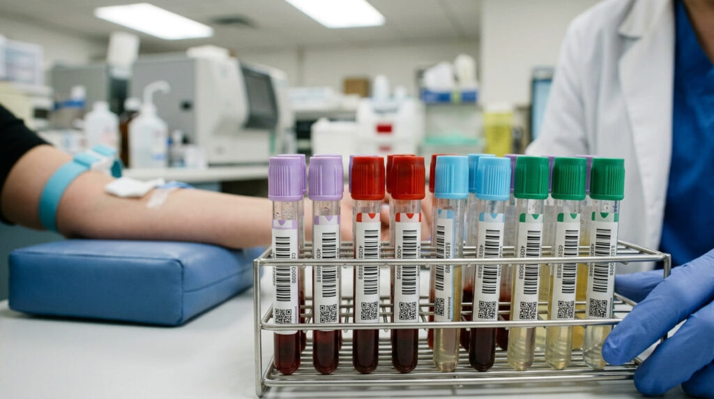 Tubos de ensayo etiquetados en una gradilla de laboratorio para un estudio de química sanguínea y biometría hemática.