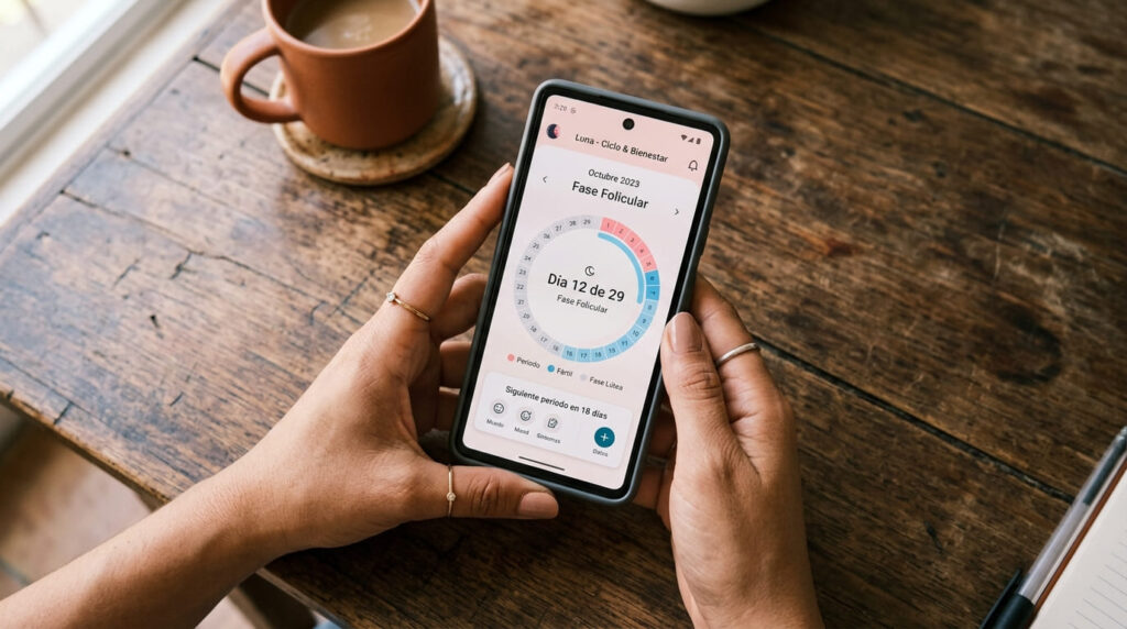 Vista cenital de manos sosteniendo un teléfono celular que muestra una aplicación de calendario menstrual sobre una mesa.