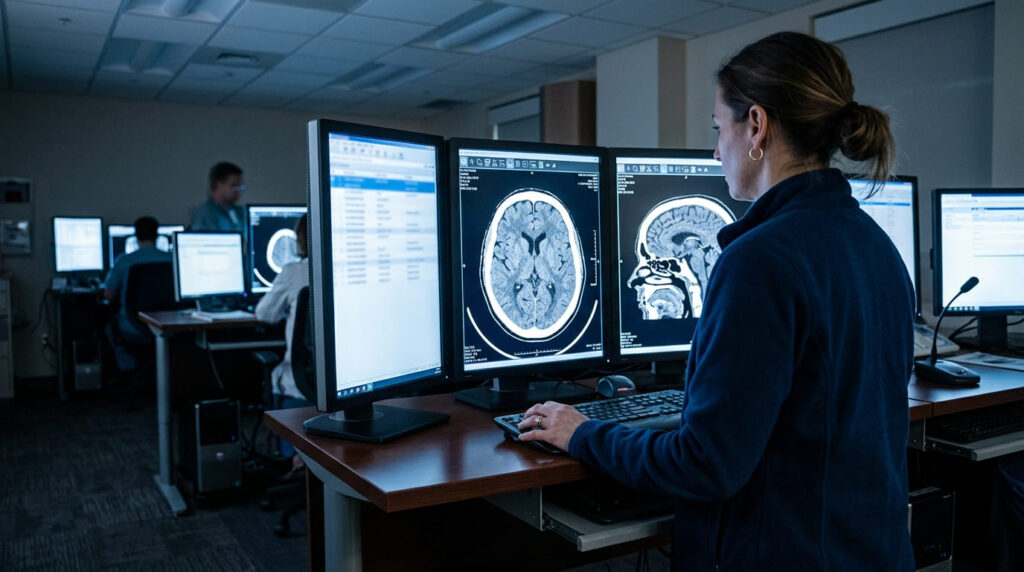 Especialista médico analizando los resultados de una tomografía computarizada de cráneo en un monitor de alta resolución.